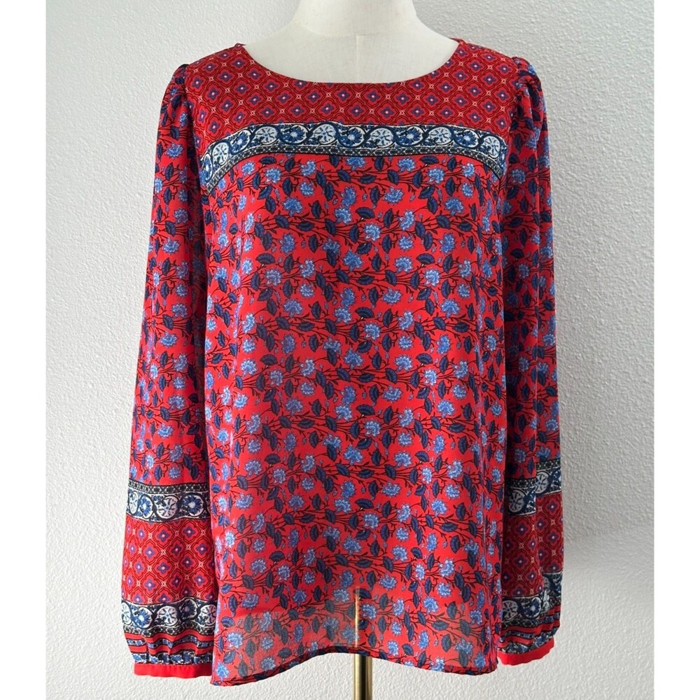 LOFT Floral Long Sleeve Peasant Tunic Top L Red Blue Bohemian Flowy Maximalist